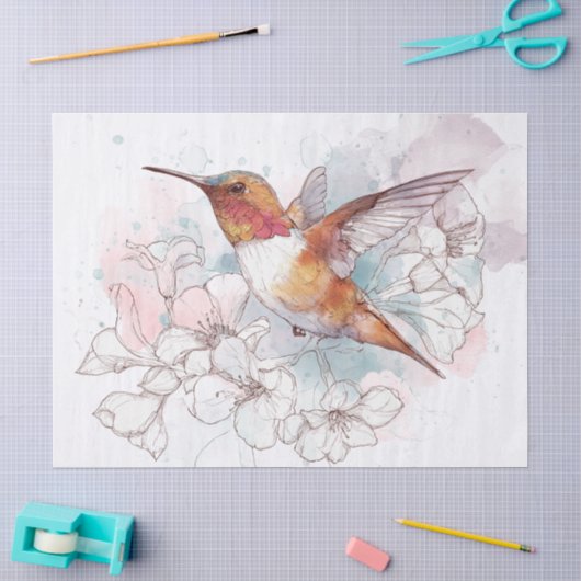 ハチドリ フローラルライン 水彩画 薄葉紙 (クラフト)