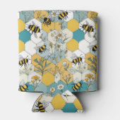 ハチフローラハニカムイエローとティール（緑がかった色） 缶クーラー (裏面)