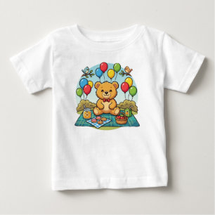 ハチミツとクッキーでピクニックする微笑みテディベア ベビーTシャツ