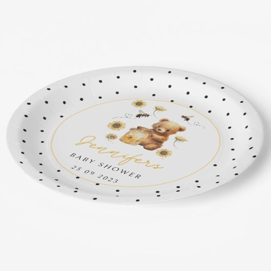 ハチミツバチテディベア水玉模様男の赤ちゃんシャワー ペーパープレート (アングル)