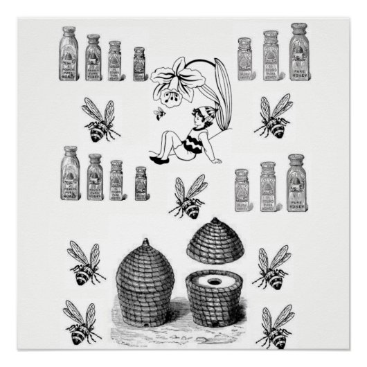 ハチミツバチホワイトブラックポスター ポスター (正面)