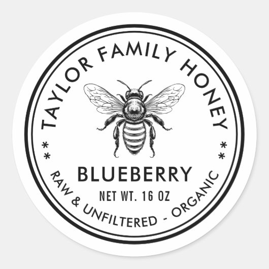 ハチミツバチ付ブルーベリー蜂蜜ラベル ラウンドシール (正面)