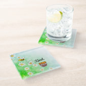 ハチミツフローラグリーン昆虫漫画文字 ガラスコースター (アングル)