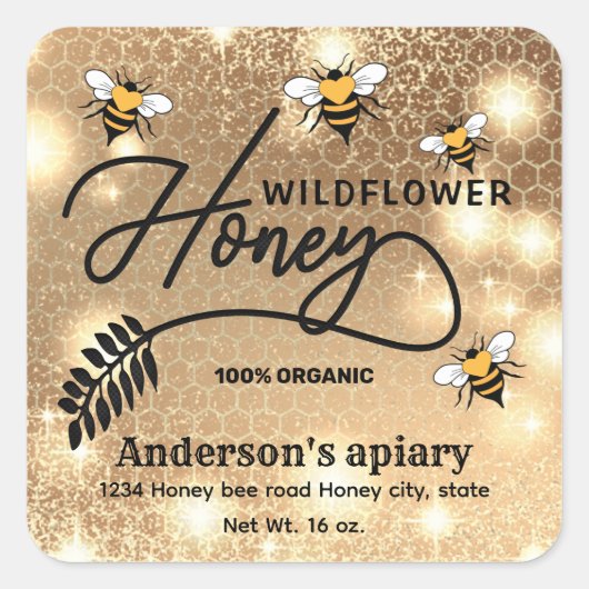 ハチミツモダンビーのエレガントハチミツの瓶ラベル スクエアシール (正面)