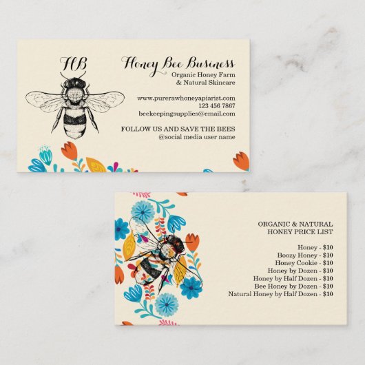 ハチミツ手描き花価格表 名刺 (正面/裏面)