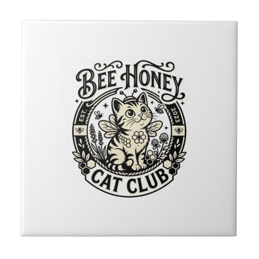 ハチミツ猫 楽しい猫のグラフィック - Bee Honey Cat Cl タイル (正面)