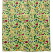 ハチミツ露の緑にニワトリとワイルドフラワー シャワーカーテン (正面)