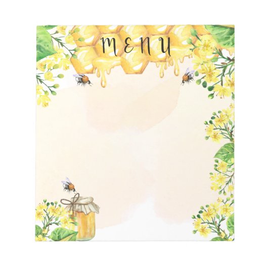 ハチミツ黄色い花模様メニュー ノートパッド (正面)