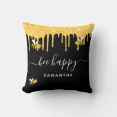 ハチ幸せでぶつぶつ蜂グリッターブラック金ゴールドモノグラム クッション (正面)