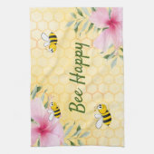 ハチ幸せミツバチ黄色のハニカムピンクの花 キッチンタオル (縦)