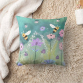 ハチ鮮やかの花が咲く水彩庭園 クッション (ブランケット)