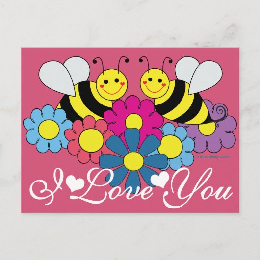 ハチ&フラワーズグラフィックデザインIラブユー ポストカード (正面)