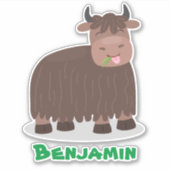 ハッおもしろいピー食べヤクの草の漫画イラストレーション シール (正面)