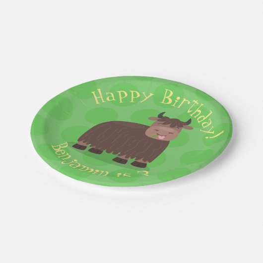 ハッおもしろいピー食べヤクの草の漫画イラストレーション ペーパープレート (アングル)