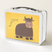 ハッおもしろいピー食べヤクの草の漫画イラストレーション メタルランチボックス (裏面)