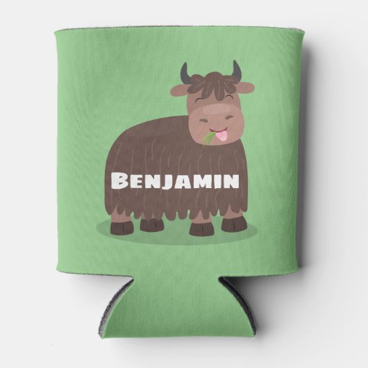 ハッおもしろいピー食べヤクの草の漫画イラストレーション 缶クーラー (正面)