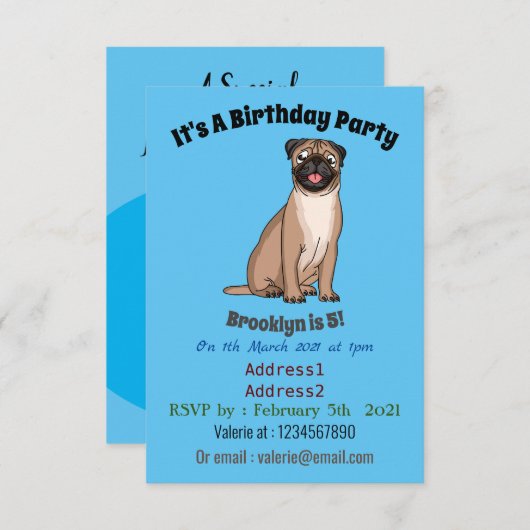 ハッおもしろいプグ犬の漫画イラストレーション 招待状 (正面/裏面)