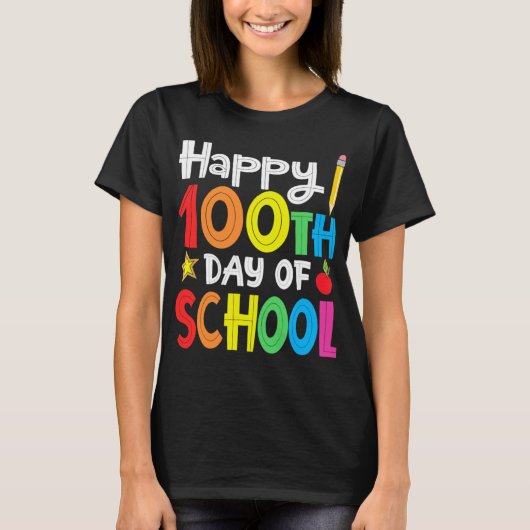 ハッおもしろいプ100th Day Of School先生レインボーロ Tシャツ (正面)