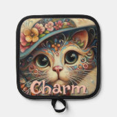 ハッお洒落トフローラ付き猫パーソナライズされた 鍋敷き (正面)