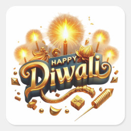 ハッエレガントプディワリ金ゴールドキャンドルフェスティバルの光 スクエアシール