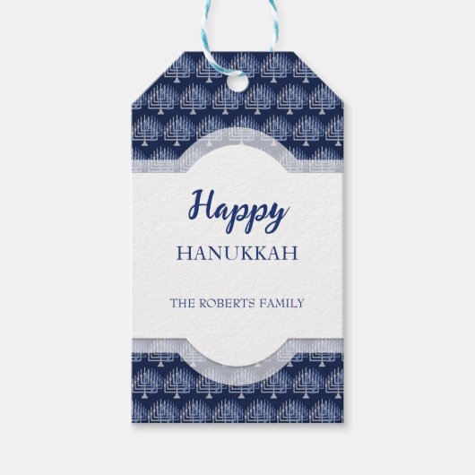 ハッエレガントプハヌカー(ユダヤ教)メノラーパターンブルー ギフトタグ (正面)