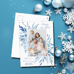 ハッエレガントプハヌッカブルーボタニカルファミリーフォト シーズンポストカード<br><div class="desc">美しい青い水色の植物の離れ春は、ハッピーハヌカーのためにあなたの垂直ユダヤの家族の写真のうち。このハヌカー（ユダヤ教の祭り）写真エレガントはがきを個人用に設定する。</div>