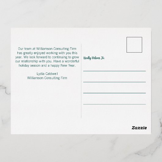 ハッエレガントプホリデーズグリーンツリーズカスタム金ゴールド 箔シーズンポストカード (裏面)