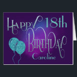 ハッエレガントプ18thネームパープル誕生日 カード<br><div class="desc">ハッエレガントプ18th名パープル誕生日。大きなスタイルでハッピーデー18誕生日を願う魔法の雰囲気！ハッピーバースデーは装飾的なスクリプト文字で青の色合いで設定され、年齢は受領者名と一緒にコーディネートされた書体で、背景には紫の色合いで設定される。メッセージの内側を自分の挨拶に変更し、簡単に前面の年齢と名前をパーソナライズすることができる。スパークルフェイクティール（緑がかった色）バルーン前面に完璧な仕上げtouchを追加！</div>