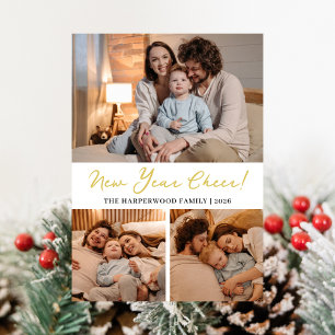 ハッエレガントモダンプ新年ブラック3コラージュ シーズンカード