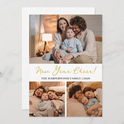 ハッエレガントモダンプ新年ブラック3コラージュ シーズンカード (正面/裏面)