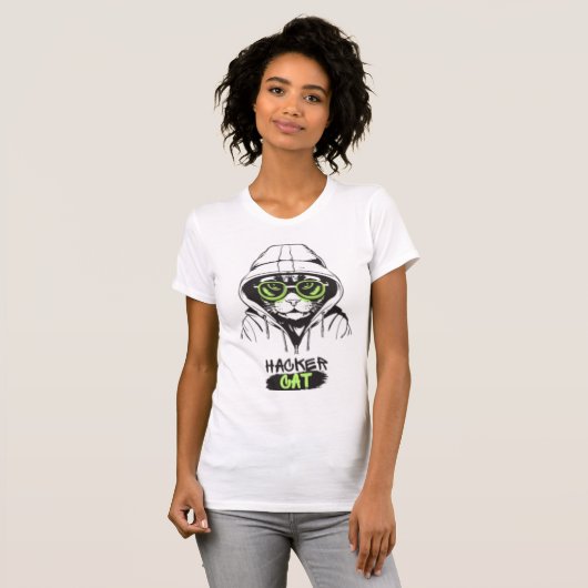 ハッカーキャット サイバーコア テックキティ 女性用グラフィックTシャツ Tシャツ (正面フル)