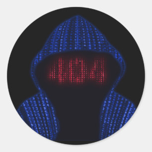 ハッカーフード付きスウェットシャツバイナリ404エラー顔 ラウンドシール