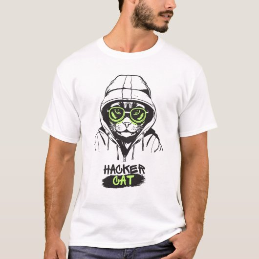 ハッカー猫 | 技術クールに精通した Tシャツ (正面)