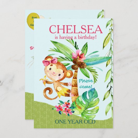 ハッガーリープモンキーブルー誕生日招待状 招待状 (正面/裏面)