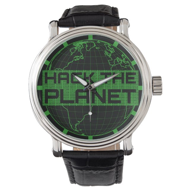 ハックthe Planet Green Globeコンピューターハッカーデザイン 腕時計 (正面)