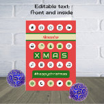 ハッシュタグのクリスマスの追加の名前を計算する赤 シーズンカード<br><div class="desc">このクリスマスカーインスパイアドはコンピュータと電話のスクリーンで使用され頭が切れる、赤、緑と金色の色を豊かなフェスティバルの外観に使用されている。アイコン、コンピュータのボタンと記号、およびメッセージ#happychristmasが前面に表示される。ボックスに入力して名前を追加してカスタマイズ、あいさつ文を内部に追加する(現在は赤いレタリングで#MerryChristmasHavingFun)。カードの離れ内側には黄金の色の雪片の散乱が、冬の装飾のtouchを追加する</div>