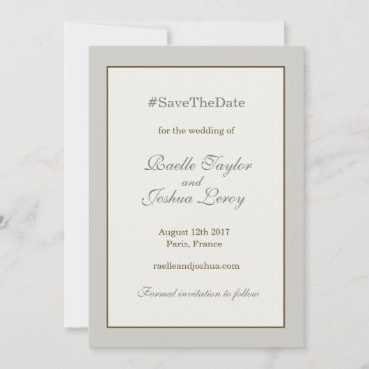 ハッシュタグ金ゴールドグレーアイボリーセーブ・ザ・デート案内 招待状 (正面)