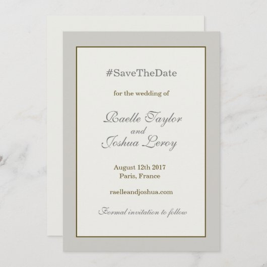 ハッシュタグ金ゴールドグレーアイボリーセーブ・ザ・デート案内 招待状 (正面/裏面)