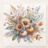 ハッスタイリッシュプ秋かぼちゃフラワーブーケモチーフ ガラスコースター (正面)