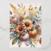 ハッスタイリッシュプ秋かぼちゃフラワーブーケモチーフ 箔招待状 (正面)