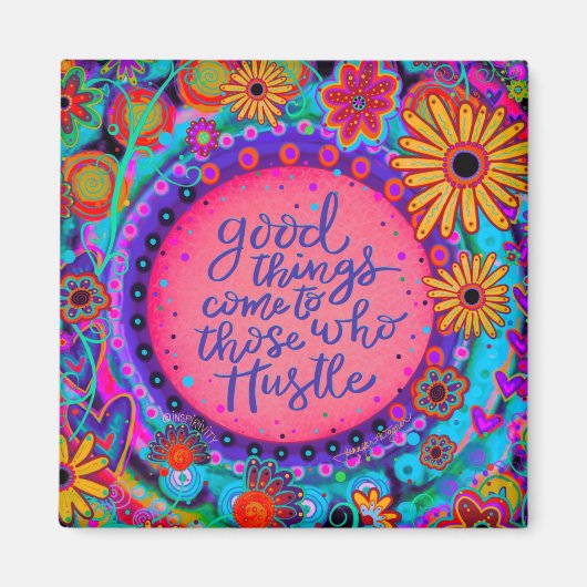 ハッスル引用文ピンクフローラ勇気付けられる ガーリー マグネット (正面)