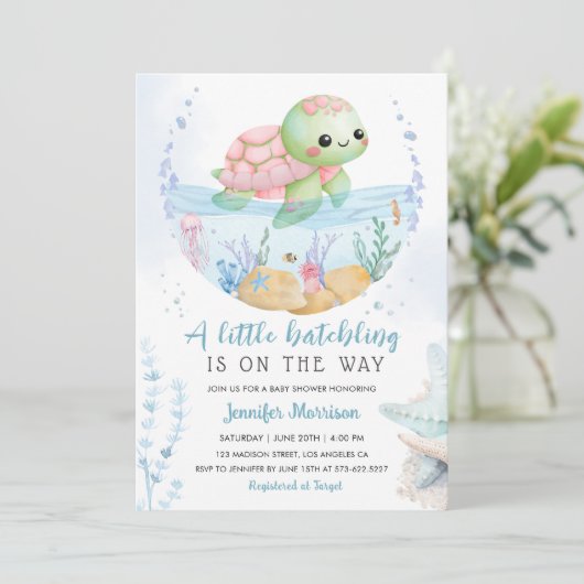 ハッチリング赤ちゃんシャワーピンク海カメの水色 招待状 (スタンド正面)