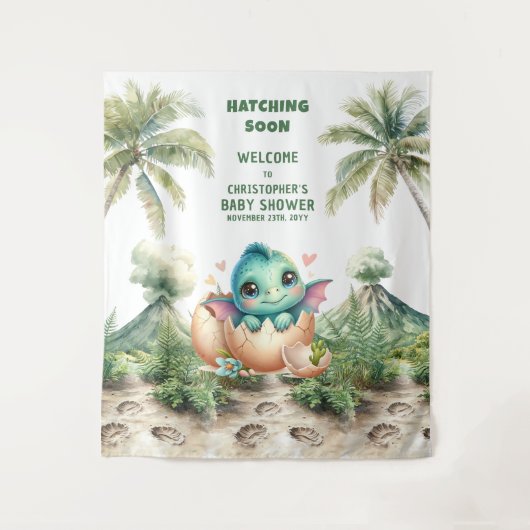 ハッチングエーパーソナライズされたベビーシャワーバナーディノ タペストリー (正面)