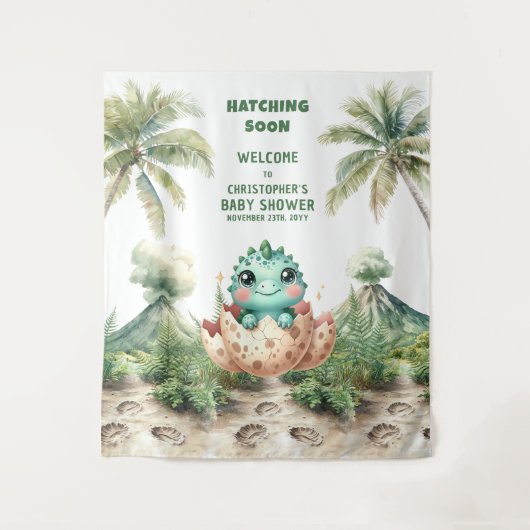 ハッチングマンスーン赤ちゃんシャワーのバナーブルー恐竜 タペストリー (正面)
