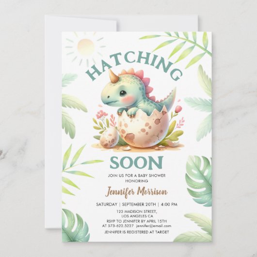 ハッチング!かわいい恐竜の女の子の赤ちゃんシャワー 招待状 (正面)