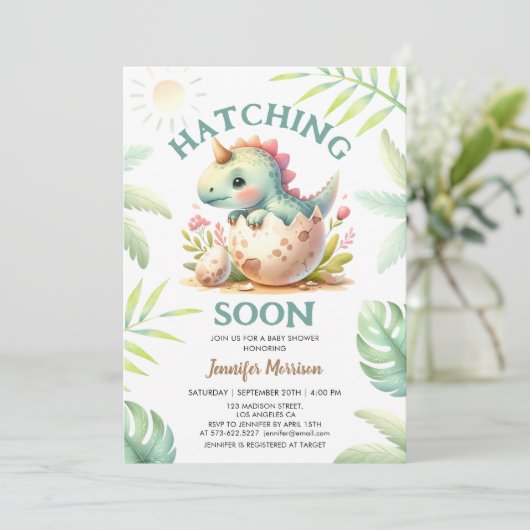 ハッチング!かわいい恐竜の女の子の赤ちゃんシャワー 招待状 (スタンド正面)