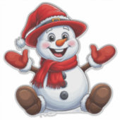 ハットで赤い服を着た陽気な雪だるま シール (正面)