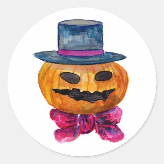 ハットとボウタイ付きハロウィーンカボチャ ラウンドシール (正面)