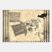 ハットと黒猫スカルを備えたハロウィーンヴィンテージ ラッピングペーパーシート (正面2)