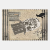 ハットと黒猫スカルを備えたハロウィーンヴィンテージ ラッピングペーパーシート (正面)